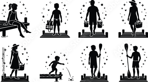 Black and white silhouette children and adults on dock with fishing and picnic items vector art