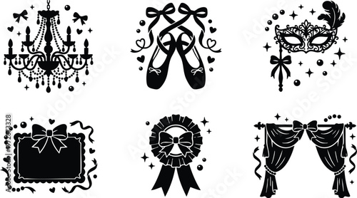 Black and white ballet shoes masquerade mask chandelier frame wreath and curtains vector art