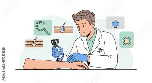 Dermatologist examines skin lesion with dermatoscope, skin health concept