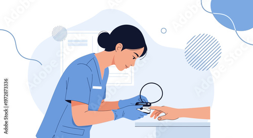 Dermatologist examining patient's hand with magnifying glass in clinic