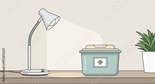 Desk lamp illuminating a medical waste bin with a green cross symbol on a shelf
