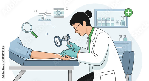 Dermatologist examining skin lesion on patient's arm with dermatoscope in clinic