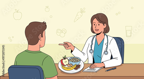 Dietitian consulting patient about healthy food choices, balanced diet and nutrition advice