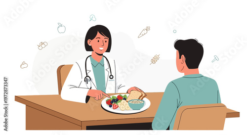 Dietitian consulting patient about healthy eating and nutrition with a balanced meal