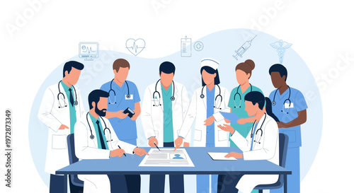 Diverse medical team collaborating around a table, discussing patient charts and treatment plans.