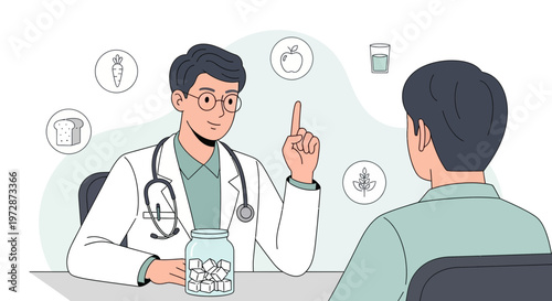 Doctor advises patient on healthy diet and lifestyle, with food icons