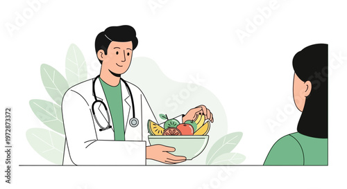 Doctor advises patient on healthy eating with a bowl of fresh fruits