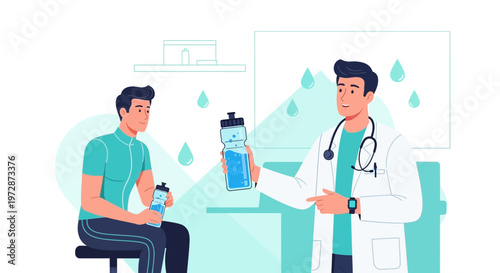 Doctor advises patient on hydration, holding water bottle in clinic