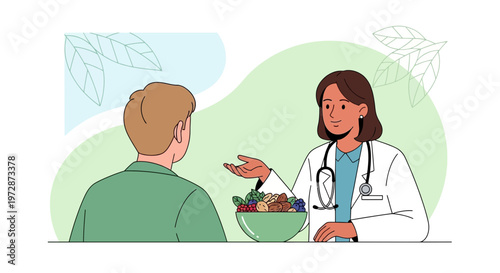 Doctor advises patient on healthy diet with fresh fruits and vegetables in a bowl