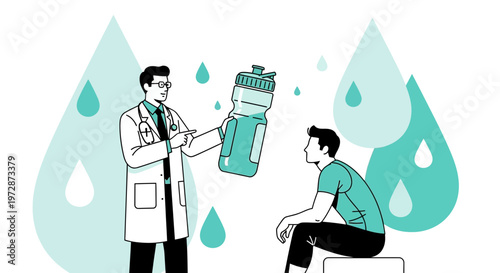 Doctor advises patient on hydration with large water bottle, surrounded by water drops