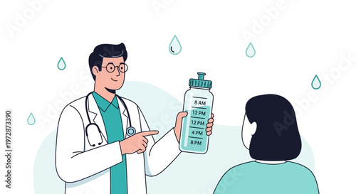 Doctor advises patient on hydration, showing water bottle with time markers
