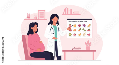 Doctor advises pregnant woman on prenatal nutrition with food chart