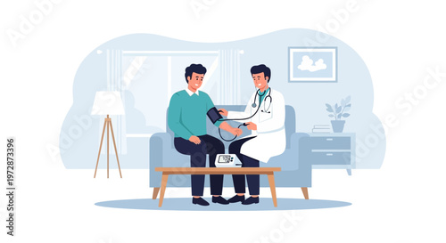 Doctor measuring patient's blood pressure at home, healthcare checkup concept
