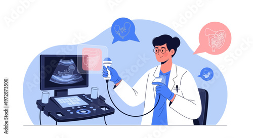 Doctor performing ultrasound on patient, visualizing internal organs on screen