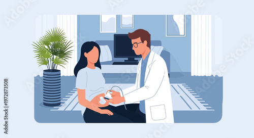 Doctor performing ultrasound on pregnant woman in clinic, expecting baby, healthcare concept