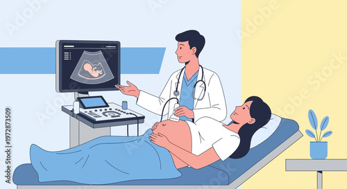 Doctor performing ultrasound on pregnant woman, showing baby on screen