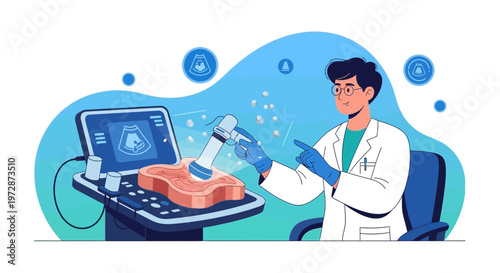 Doctor performing ultrasound scan on anatomical model, medical technology concept