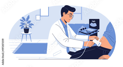 Doctor Performing Ultrasound Scan on Patient's Abdomen in Modern Clinic