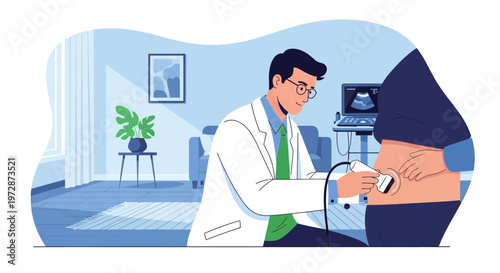 Doctor performing ultrasound scan on patient's abdomen in a modern clinic room.