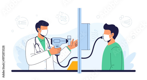 Doctor performs lung function test on patient wearing face mask, medical checkup