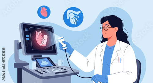 Doctor performing ultrasound scan on pregnant woman, showing fetus development on screen