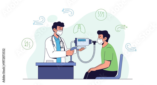 Doctor performs lung function test on patient with spirometer for respiratory health checkup