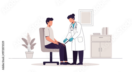 Doctor performs knee reflex test on male patient in clinic examination room