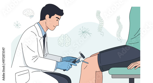 Doctor performs neurological reflex test on patient's knee with reflex hammer