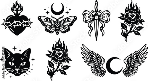 Black and white sacred heart dagger butterfly cat rose and crescent moon wing tattoo vector art