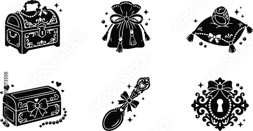Black and white vintage jewelry box sachet ring pillow hand mirror and ornate keyhole vector art