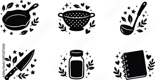 Black and white kitchen utensils cooking pan colander ladle set with knife spice jar and recipe book vector art