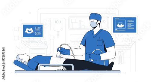 Doctor performs ultrasound on patient in ICU, medical equipment, modern healthcare