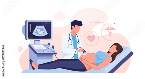 Doctor performs ultrasound on pregnant woman, showing baby on screen, healthcare concept