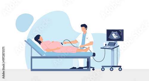 Doctor performs ultrasound on pregnant woman, showing baby on screen