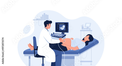 Doctor performs ultrasound on pregnant woman, showing baby on screen