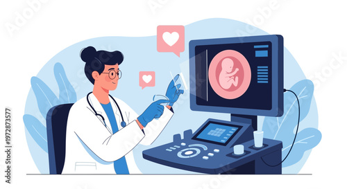Doctor performs ultrasound on pregnant woman, showing fetus on screen with hearts