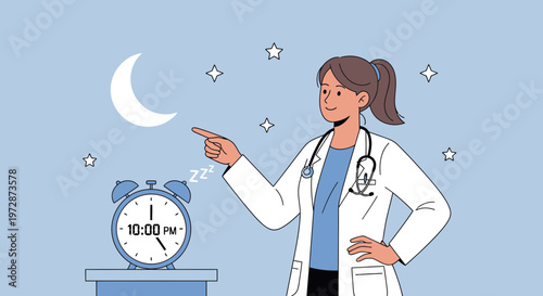 Doctor pointing at alarm clock at 10 PM, night time, sleep concept, doctor at night