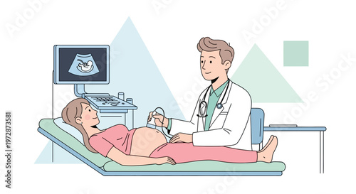Doctor performs ultrasound on pregnant woman, showing baby on screen