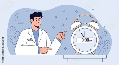 Doctor pointing at alarm clock showing 10:00 PM, night time, medical concept