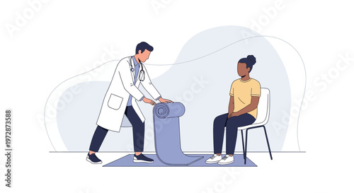 Doctor prepares patient for physical therapy with exercise mat and bolster