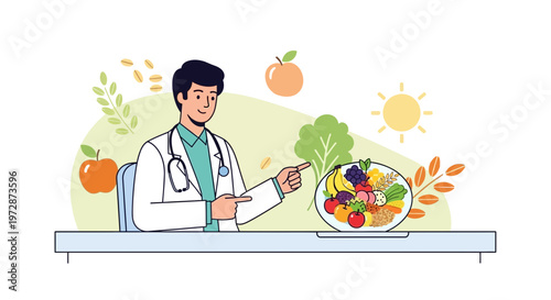 Doctor points to healthy fruit salad, promoting nutrition and wellness