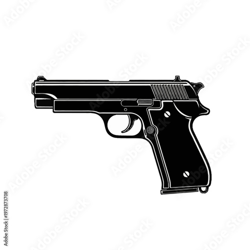 Black and white vector illustration of a semi-automatic handgun pistol shown from a profile side view. High contrast silhouette with detailed mechanical outlines on a white background.