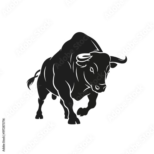 Black vector silhouette of a muscular bull on white background. Detailed graphic illustration of a powerful male bovine with sharp horns and hooves in a charging stance.