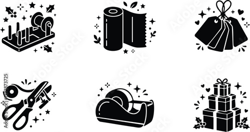 Black and white christmas wrapping tools with tape scissors gift boxes and tags vector art