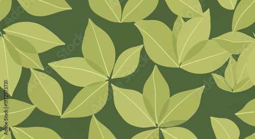 Seamless vector background featuring light green stylized leaves with visible veins arranged in botanical clusters over a solid dark olive green backdrop with overlapping elements.