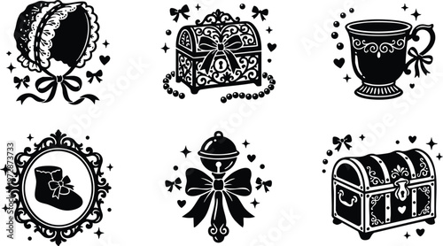 Black and white vintage bonnet chest cup framed boot bell and treasure chest vector art