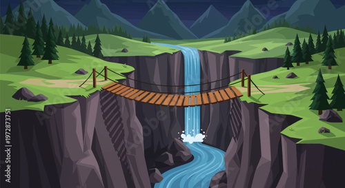 Vector illustration of a wooden suspension bridge across a deep rocky canyon with a waterfall flowing into a river, surrounded by pine trees, green hills, and mountains at night.