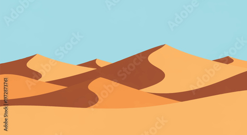 Minimalist vector illustration of rolling sand dunes in a desert landscape under a clear pale blue sky, featuring layered orange and brown hills with soft shadows and curved ridges.