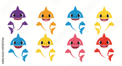 Set of eight colorful cartoon baby shark vector illustrations isolated on white background, featuring purple, orange, blue, yellow, pink, and red characters with large eyes and smiling faces.