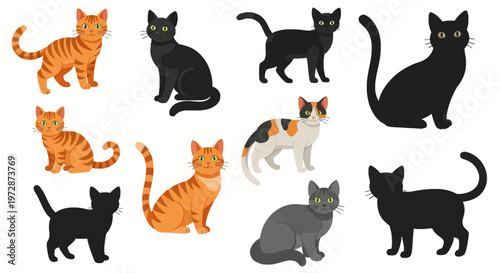 Vector illustration set of various domestic cats including orange tabby, solid black, calico, and grey shorthair breeds in sitting and standing poses isolated on a white background.
